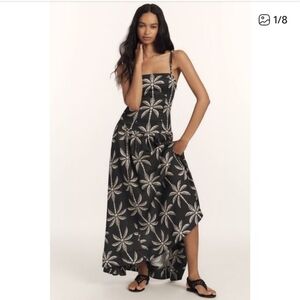 Anthropologie La Maise Black and White Palm Print Maxi Dress Drop Waist Small